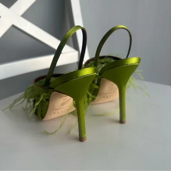 NWOT Staud Anise Feather-Trimmed Satin Heeled Sandals in Lime Green Size EU 36 - Picture 10 of 14